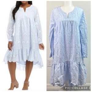 Crown & Ivy embroidered eyelet cotton nap dress long sleeve high low hem, lined.